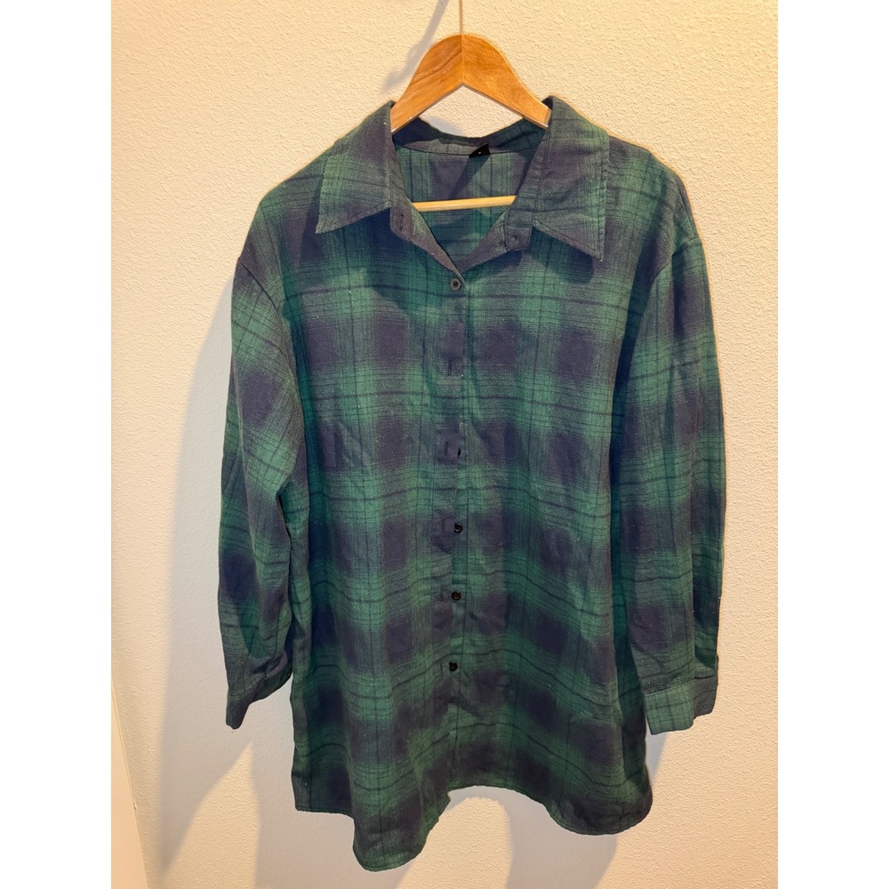 Green Navy Blue Plaid Flannel Button Down Shirt Oversized Long Sleeve Tartan